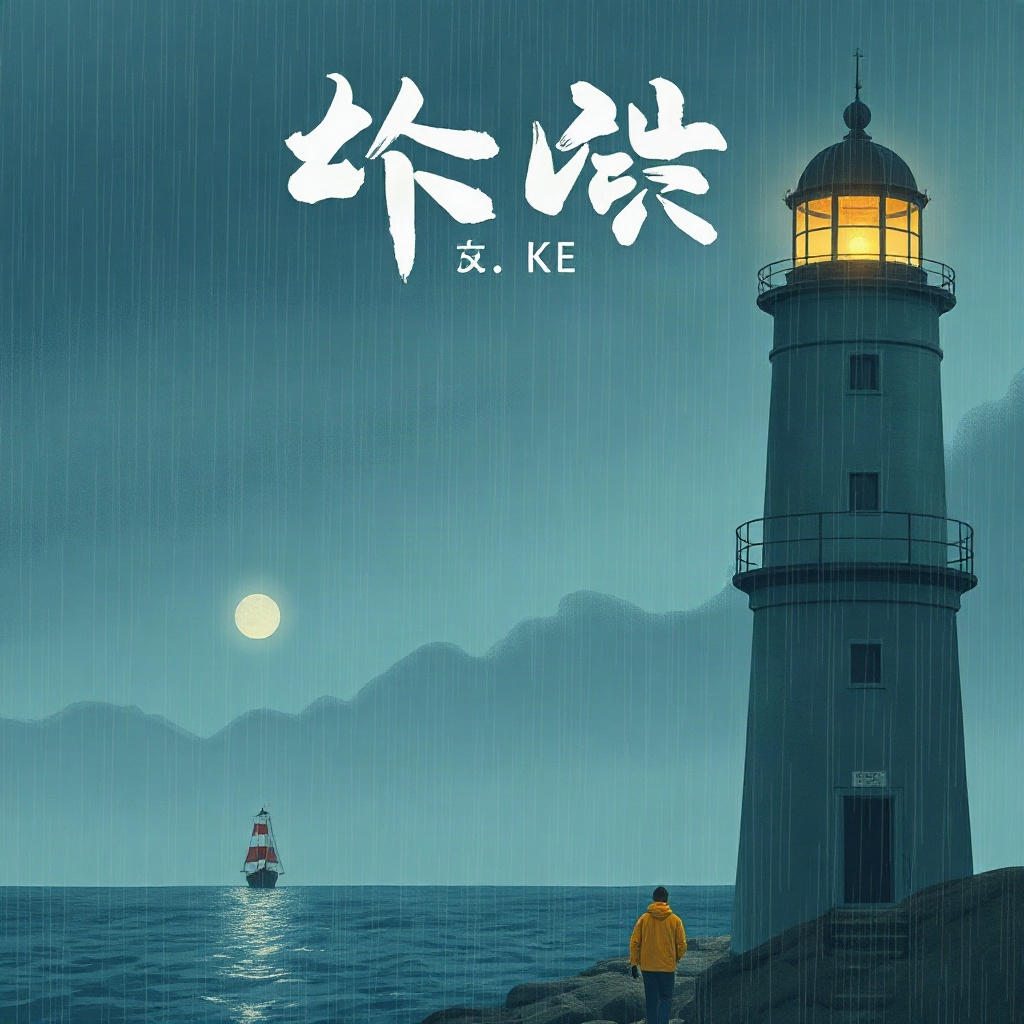 短剧《长夜守灯人》海报，雨夜灯塔与独自登塔的守塔人